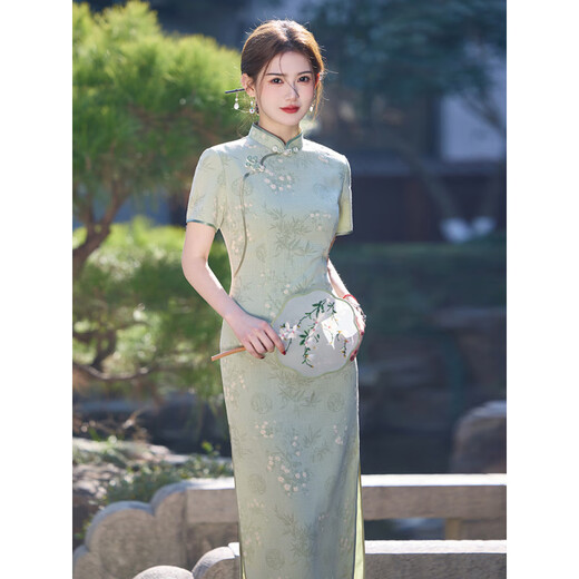 赛曼蝶高考旗开得胜妈妈旗袍女绿色旗袍2025新款夏季年轻款长款清新棉麻 826绿色棉麻 M