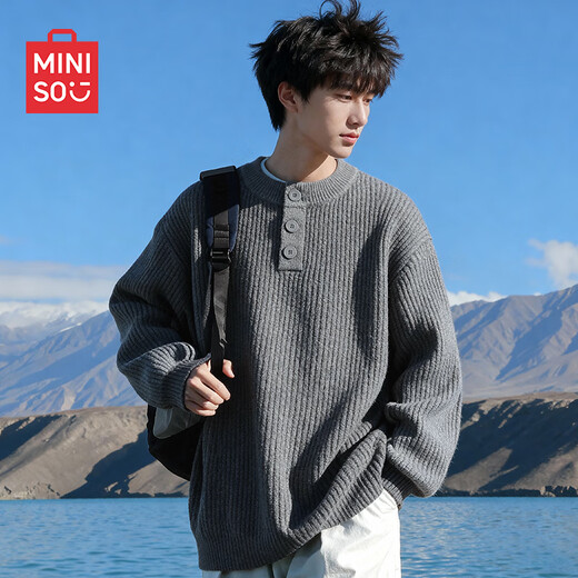 MINISO Henry Collar Sweater Men's Autumn and Winter 2025 New Lazy Style Dark Gray Fashion Button Sweater Top Jacket Henry Collar Dark Gray 2XL /180 (Weight 160-180Jin Jin is equal to 0.5 kg)
