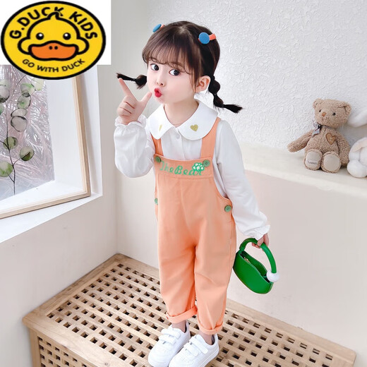 G.DUCKKIDS女童卡通背带裤2023春秋款儿童洋气裤子小童春季韩版宝宝春装 桔色 130 cm