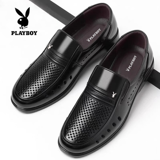 花花公子（PLAYBOY）花花公子男鞋2025夏季新款真皮镂空男士增高皮鞋防滑中老年爸爸鞋 黑色镂空款9922尖头 37