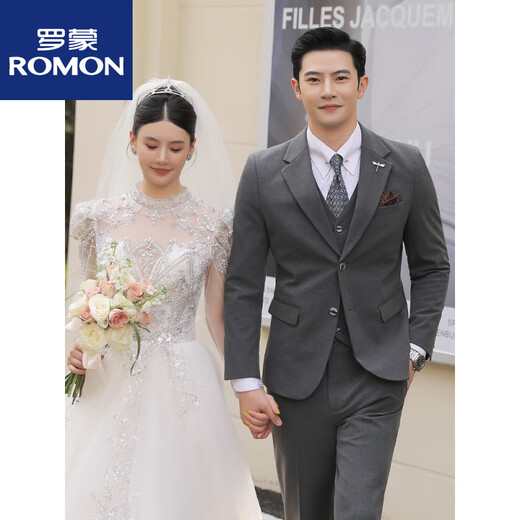 ROMON Groom Wedding Suit Men's Suit Men's Three-piece Slim Business Casual Formal Groomsman Dress New Product Black Three-piece Top + Pants + Vest + Shirt XL 52120-135Jin Jin equals 0.5 kg Wear