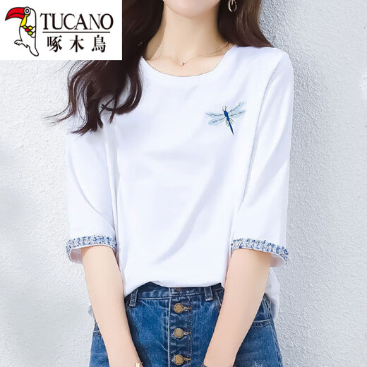 Woodpecker pure cotton temperament age-reducing seven-quarter sleeve T-shirt for women's mid-sleeved loose white T-shirt Spring and Autumn Summer 2025 new top W6172 ice blue mid-sleeved L (recommended 105-120 Jin [Jin equals 0.5 kg])