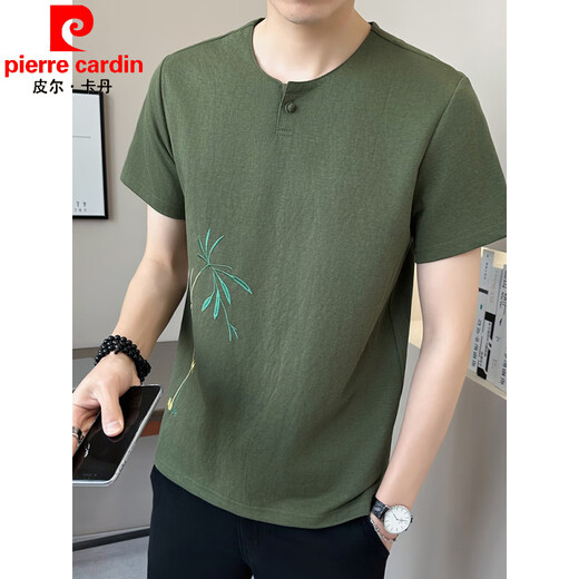 皮尔卡丹（pierre cardin）新中式竹刺绣短袖男夏季v领国潮t恤男装亚麻棉麻新款中国风半袖男 9856卡其色 M (约90~105斤可穿)