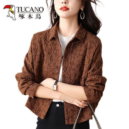 Woodpecker Short Jacket Women's 2025 Spring and Autumn Korean New Middle-aged Mom Small Casual Baseball Suit Jacket Cardigan Top Coffee M Recommended 90-105Jin [Jin equals 0.5 kg]