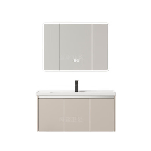 Jomoos meistverkaufte cremige Raum Aluminium Badezimmerschrank Badezimmer Keramik integrierter Waschbecken Waschbeckenschrank Kombination waschen Doppelte Hauptschrank 1047 Keramikbecken + Bogenspiegelschrank