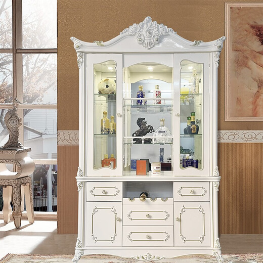 原始原素酒柜法式客厅装饰柜餐厅玻璃柜白色家用双门展示柜靠墙餐边柜 897象牙白描金1.35米