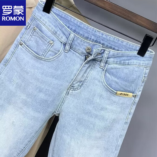 罗蒙（ROMON）原单九分牛仔裤男夏季薄款2025韩版百搭浅蓝色弹力修身小脚裤 9921  浅蓝 28