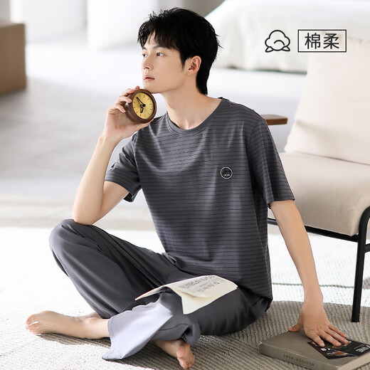 兰缪 (LAMIU)睡衣男款夏季男士纯棉短袖长裤三件套夏款硬朗家居服套装夏天 主图款LJF6621乌羽色条纹图标  XL