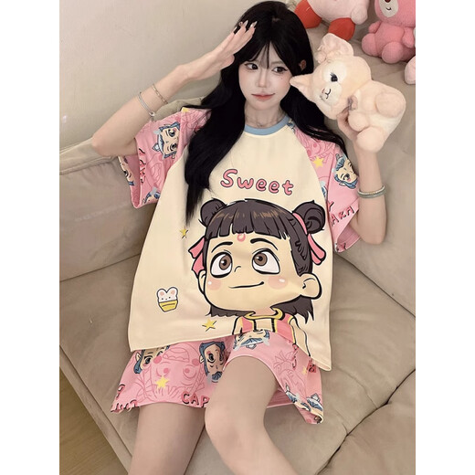 Ningmeng Fat Girls Großgröße Pyjama Pyjamas Hosen Sommer Kurzarm Thin Cette Cartoon Junior High School Schüler plus Fat MM Home Clothing Z-9928 m (geeignet für 80-100jin [Jin entspricht 0,5 kg])