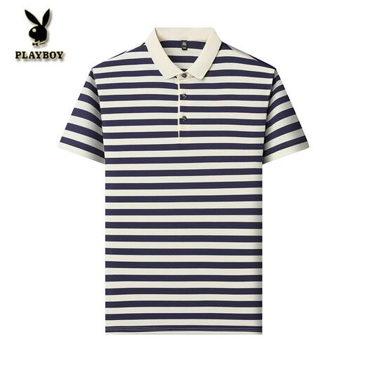 Playboy; PLAYBOY short-sleeved T-shirt for men 2025 new striped lapel casual half-sleeved summer loose thin men's short-sleeved polo shirt L9906 dark blue M 165 recommended 90-120Jin [Jin equals 0.5 kg]