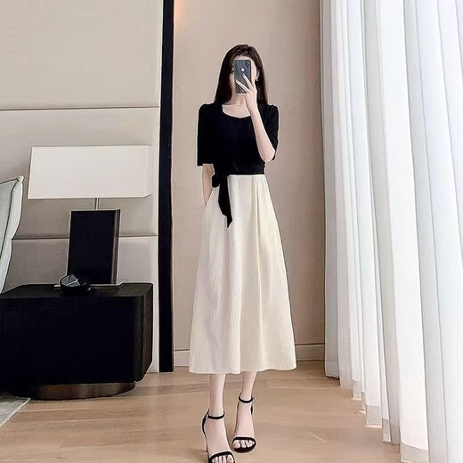 Aemape High-End-Schwarz-Spleißkleid für Frauen 2025 Sommer Neue Mode-Taille und schlanker gefälschter zweiteiliger A-Line-Rock Schwarz S [Empfohlen 90-100 Jin [Jin gleich 0,5 kg]]