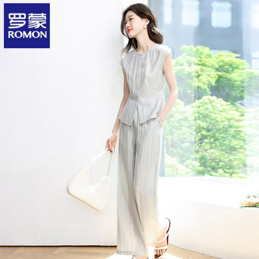 Romon (Romon) Design Slim ärmellose Top-Hose zweiteiliger Sommer Neue modische altersreduzierende Weitbeinhosen Leinen Set Mint Mamba S