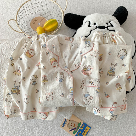 Ji Yafu Crayon Xiaoxin Sommer dreiteiliger Pyjama-Frauen-Kurzarm-Langhose dünne Ins Stil Sommer Baumwollgarn Home Kleidung Yunduo Cotton-J9901# Paradise Welpe Drei-Keugel-Set M [vorgeschlagen 75-100jin [Jin gleich 0,5 kg]]]