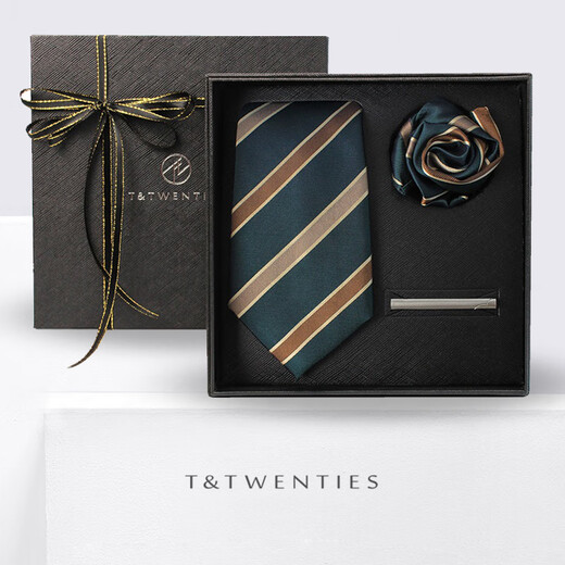 T&Twenties老钱风绿色真丝条纹领带口袋巾领带夹商务套装礼盒男手打棕色斜纹 【领带+领带夹+袖扣】套组641_挪
