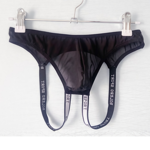 Pu Lian men's sexy underwear, sexy butt lift, transvestite elastic double thong, U convex sexy transparent butt exposed low waist mesh, black, one size fits all, recommended 100-150 Jin Jin equals 0.5 kg, inner wear