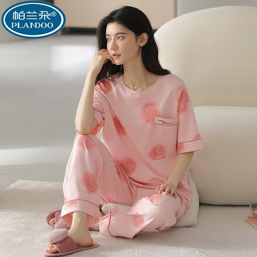 帕兰朵100新疆棉睡衣女短袖长裤夏季韩版女士圆领套装薄款全棉外穿家居 RN9712#短袖长裤 纯棉 M (80-100斤)