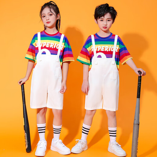 10,000 people collected the Children’s Day Performance Clothes Overalls Set Kindergarten Graduation Photos Elementary School Cheerleaders Rainbow T+White Overalls+Socks 90 90