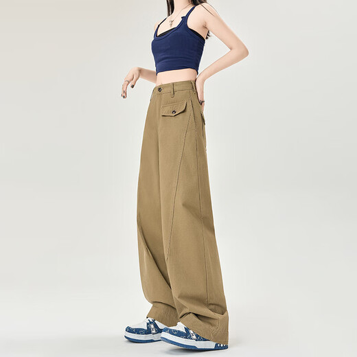 卡其色纯棉工装弯刀牛仔裤女2025夏季新款高腰宽松垂感加长阔腿裤 卡其色长裤 XL 码 建议120-130斤