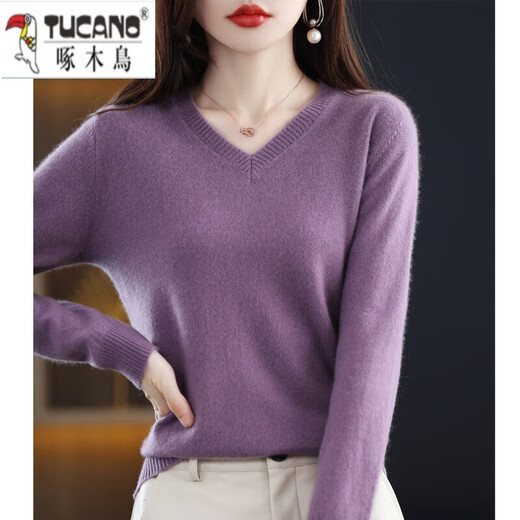 Woodpecker sweater women's pure 2026 spring and autumn new V-neck sweater loose pullover long-sleeved velvet knitted bottoming shirt gray 2XL
