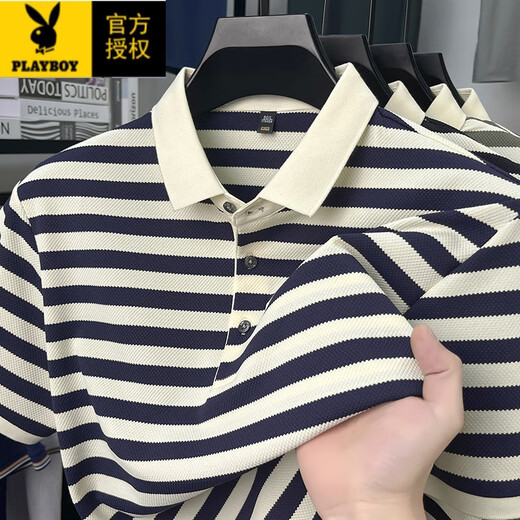 花花公子（PLAYBOY）夏季纯棉短袖t恤男士翻领上衣中年爸爸装休闲半袖polo条纹顺滑 9906-咖色 M 165建议90-120斤