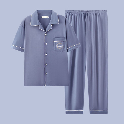 QLTQZQ Herren-Pyjama-Herren-Kurzärärmel-Sommer-Dünne Baumwoll-Pyjama-Pyjama-Herren-Feder- und Sommer-Heimkleidung G3884 Blau (kurzärmelig) 195 4xl [Empfohlen 170-200 Jin [Jin gleich 0,5 kg]]