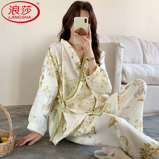 Langsha-Begrenzungsbekleidung Frühling, Herbst und Sommer nach der Geburt dünne reine Baumwollgaze Schwangere Frauen Pyjamas Stillen und Fütterung Hauskleidung reines Baumwoll Gaze: A1047 M Empfohlen 90-115 Jin [Jin gleich 0,5 kg] Verschleiß]