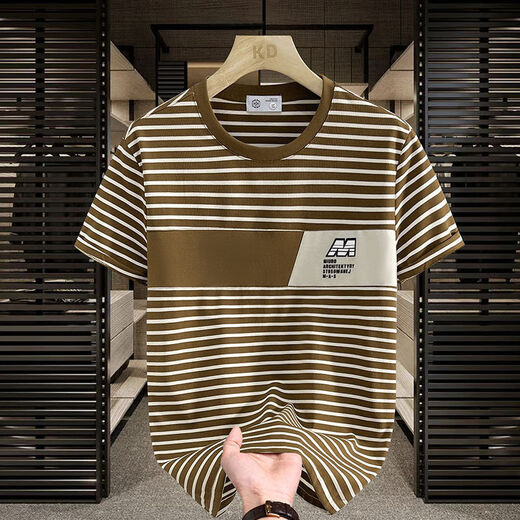 Camiseta simple de manga corta 2025 tostado de rayas de moda versátiles versátiles negros algodón de sudor transpirable 9898 m