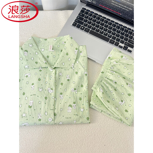 LangSha (LangSha) summer fresh cloud pure cotton yarn pajamas for women in summer short-sleeved student cute cardigan three-piece set home clothes Yunduo Cotton-9905# black love three-piece set M Recommended 75-100Jin [Jin equals 0.5 kg]]