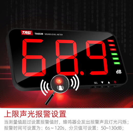 Pupan Medidor de ruido de instrumento decibel montado en la pared Medidor de ruido del hogar Barra de clases Detector de ruido de sonido TA653A [Pantalla grande 13 pulgadas + alarma de sonido y luz]