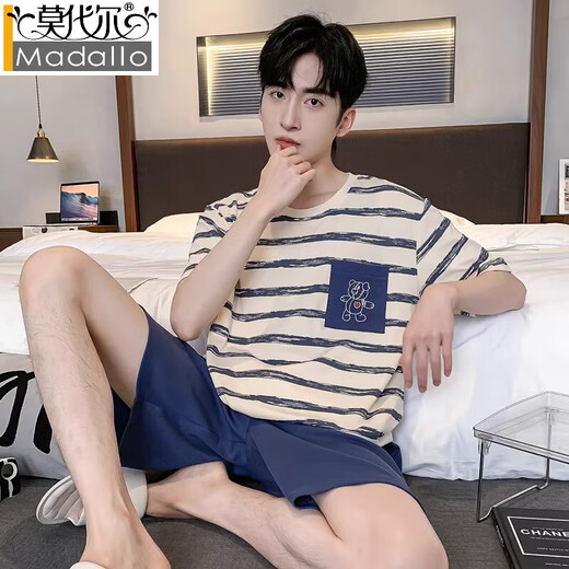 莫代尔100%纯棉睡衣男夏季短袖卡通条纹青少年宽松大码可外穿家居服套装 YZT673棉套装 L 码 建议110-130斤