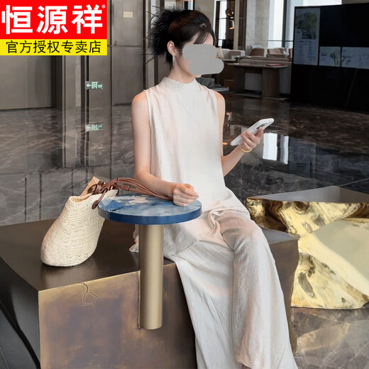 Hengyuanxiang Summer Beauty Set 2025 Super Hot New Lazy Temperament Celebrity Fashion Sleeveless Top Wide Legs Pants Set Women's Oat Color L [Suggested 100-110Jin [Jin equals 0.5 kg]]