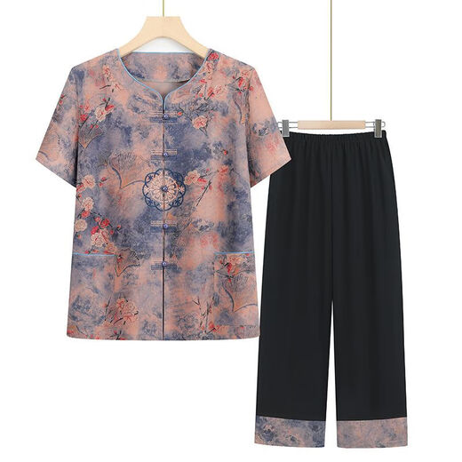 Camisa de verano Blue Flag Grandma Set de dos piezas de dos piezas de moda y de moda Mam y de manga corta Pantalones de ropa de mediana edad y ancianos LQ6626 Red Set XL Recomendado 80-100Jin [Jin equivale a 0.5 kg]