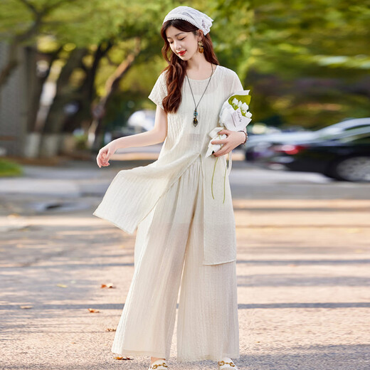 罗蒙时尚休闲松弛感套装女2025夏新款气质宽松不规则上衣阔腿裤两件套 黑色 L