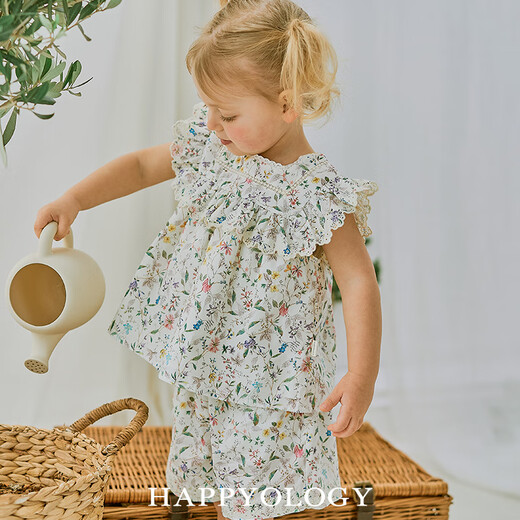 Happyology British children's spring and summer new children's clothing lace splicing tops bow hair accessories girls set Midsummer Baiyuan (shorts) 92 (92cm)