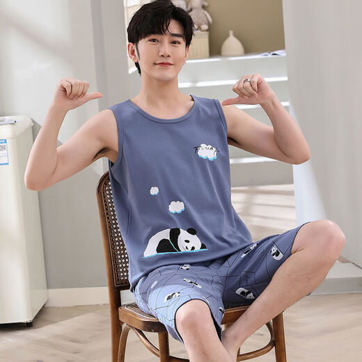Moxiao vest shorts sleeveless cotton pajamas men's summer student home clothes spring and summer suit summer plus thin cotton vest shorts: 1365 coffee bear M teenage version: 60-75 Jin [Jin equals 0.5 kg] high 150