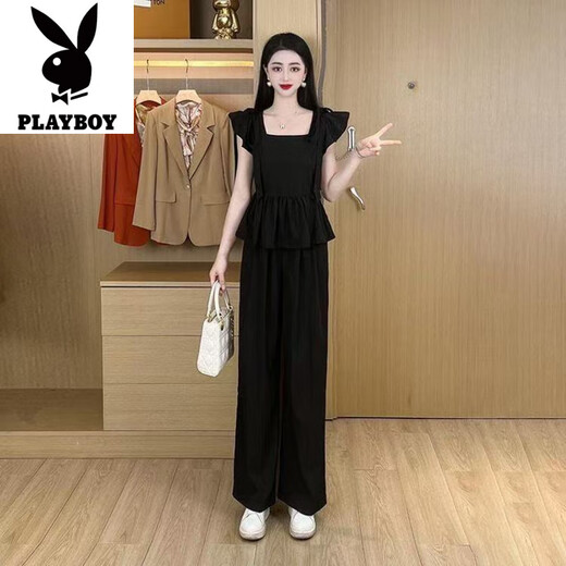 花花公子（PLAYBOY）时尚休闲套装女2025夏季新款洋气减龄方领短袖小个子阔腿裤两件套 咖色【上衣+裤子】好质量套装-旗 3XL 【建议140-150斤】