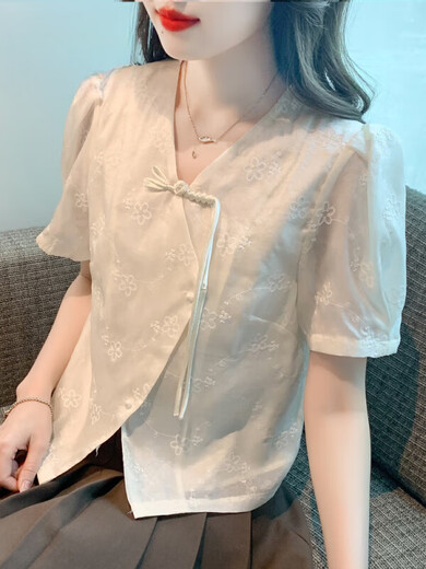 拉夏贝尔（La Chapelle）新中式国风盘扣上衣女士衬衫2025新款别致漂亮小衫夏季短袖雪纺衫 杏色 S [80-95斤]