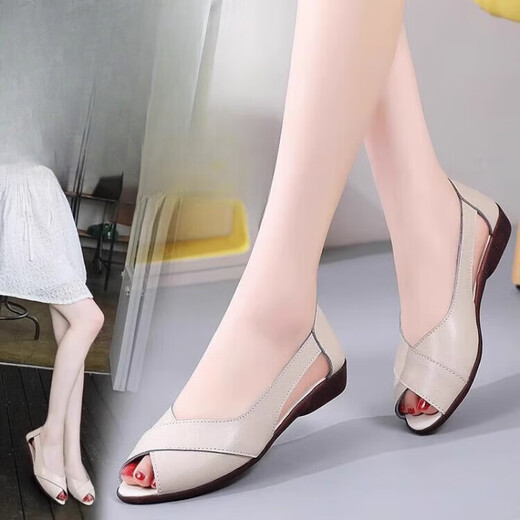 Belle-Tread Marke Weiche Ledersandalen für Frauen tragen Sommer Mutterschuhe, Keil weicher Sohle großer Fischschuhe Mundschuhe bequeme und ältere Frauen grau 40