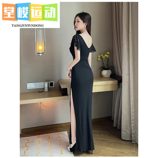 堂峻夜总会性感连衣裙低胸气质ktv晚礼服长款足浴桑拿技师沐足工作服 3883黑色 S 建议85-95斤