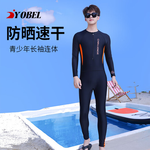 Yobel One-piece Men's Swimsuit Youth Plus Size Men's Wetsuit Swimming Equipment 2025 Long Sleeve Long Pants Quick-Drying Surf Suit Black Orange Long Sleeve 3XL Recommended Weight 150-175Jin Jin is equal to 0.5 kg