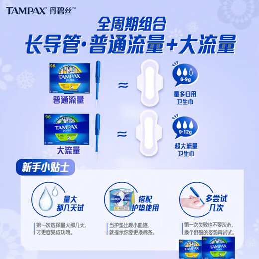 丹碧丝（TAMPAX）加拿大进口内置卫生棉条新手易用导管式月经纯棉棒普通流量大流量 珍珠系列-96支大流量