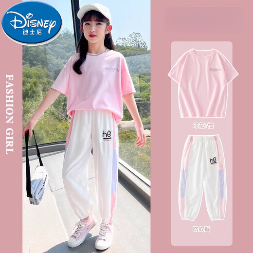 Disney (Disney) Girls Sports Set 2025 Neue modische Kurzärmel -Kinder lässige Sommer -Sommer -Mädchenmädchen -Kleidung 18209 Ablauf 9889 Weiß 140 cm