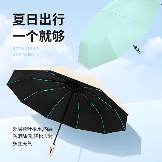 New 40-bone umbrella, folding automatic parasol, thickened vinyl, sunny and rainy umbrella, sun protection and anti-UV parasol, creative handle, extra large sun umbrella - black