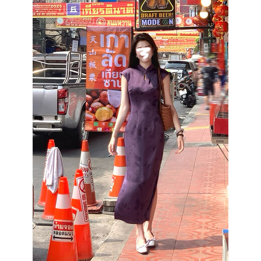 Jin Jin is equal to 0.5 kg. Mu Furong Purple Satin Improved Cheongsam Women's New Chinese Style National Style Whitening, Beautiful and Slim Temperament Long Dress M (80-95 Jin Jin is equal to 0.5 kg)