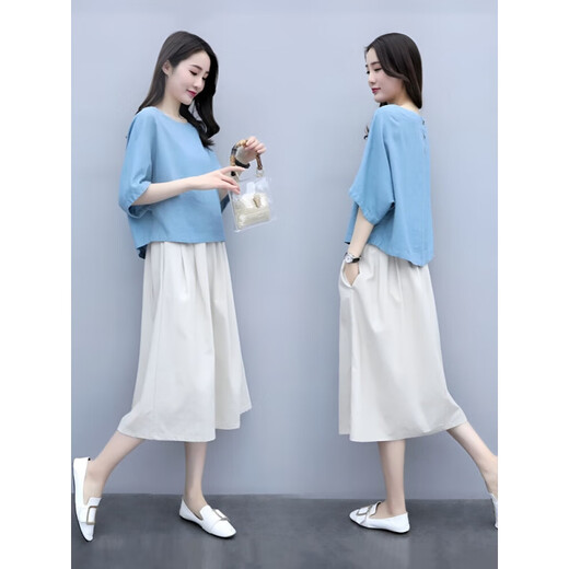 Hengyuanxiang cotton and linen dress for women loose 2025 summer new product casual age-reducing two-piece set temperament linen fashion suit white top + beige skirt S [80-105Jin[Jin equals 0.5 kg]]