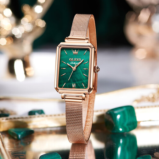 Olevs [Freundin] Klassische Quartz Watch Chinese Trendy Watch Fashion Watch Women's Watch Wasserdes Retro Small Green Watch Geschenk [Temperament und vielseitig] Zeit 6624L Rose Mesh Rose Shell Grün 29 mm Zifferblatt Durchmesser: 22x