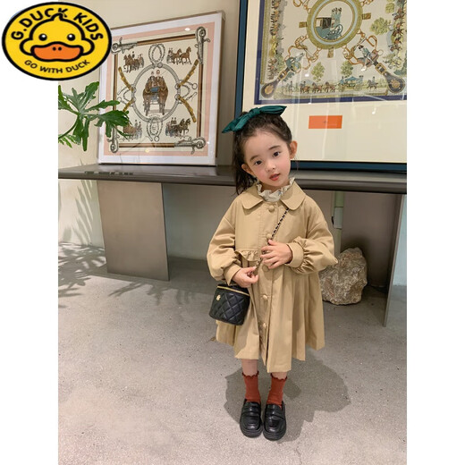 G.Duckkids Mädchenwindbreaker 2024 Frühling neuer Kinder modische mittlere Jacke mit mittlerer Länge Baby Korean Style Bow Top Khaki Spot 90 (Referenzalter 2-3 Jahre alt) (Kleiderlabel 90)