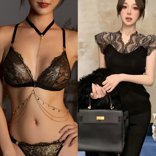 维多利亚宫廷纯欲蕾丝文胸 镂空法式前扣美背三角杯内衣女无钢圈性感套装 金色文胸+丁字裤+链子 L