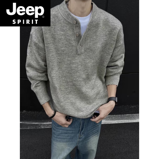 JEEP SPIRIT American Handsome Henley Collar Sweater Men's 2025 New Autumn and Winter Lazy Feeling Old Money Style Knitted Sweater Jacket Black M