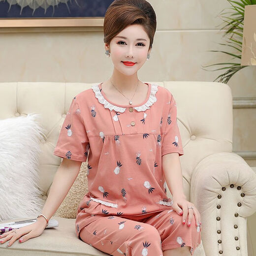 Pajama madre de mediana edad para mujeres en verano algodón puro pantalones cortados de manga corta más grasa más ropa de gran tamaño para el hogar Traje de mediana edad y ancianos T3937 2XL (135-155Jin [Jin equivale a 0.5 kg])